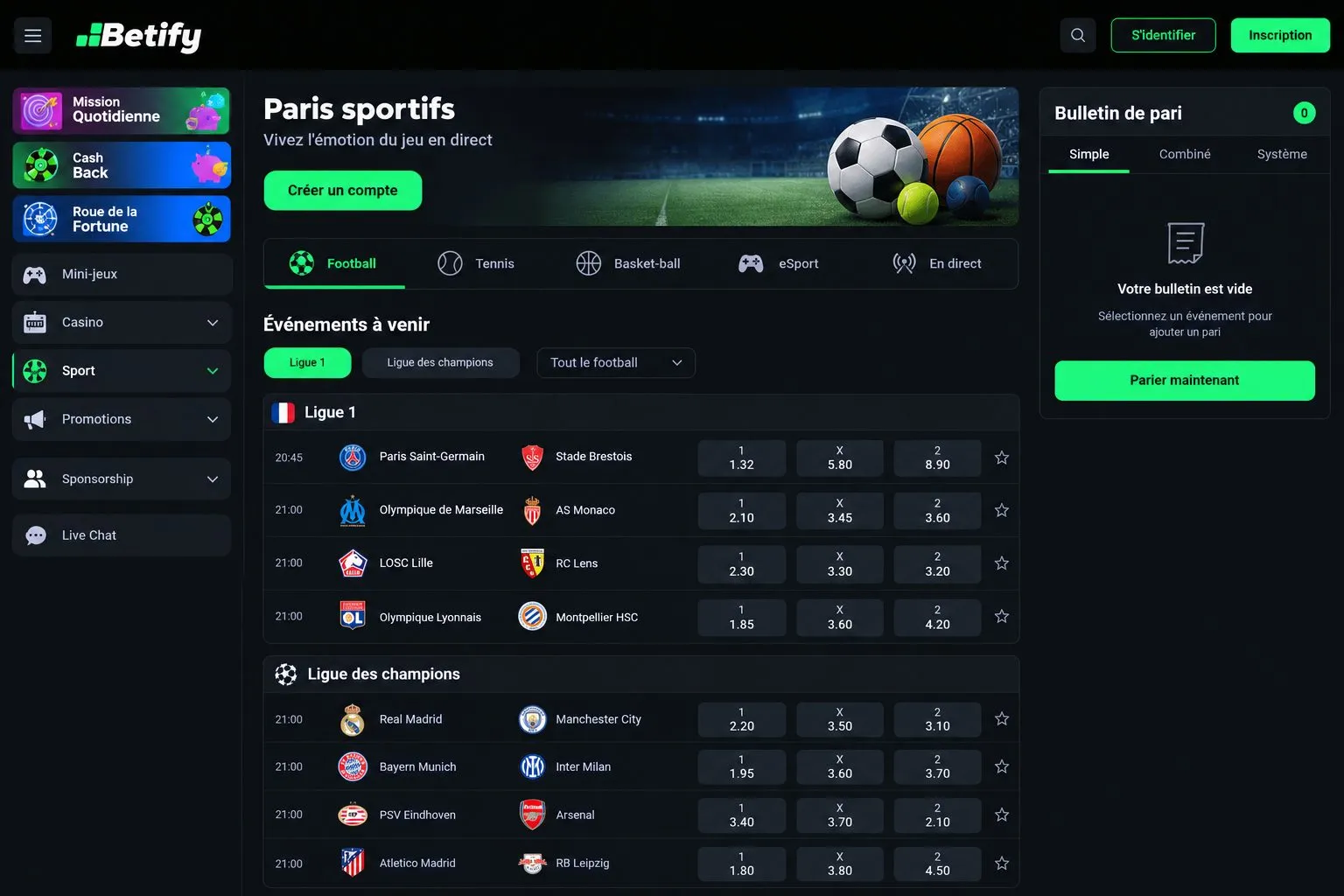 Sports et marchés sur Betify paris sportif